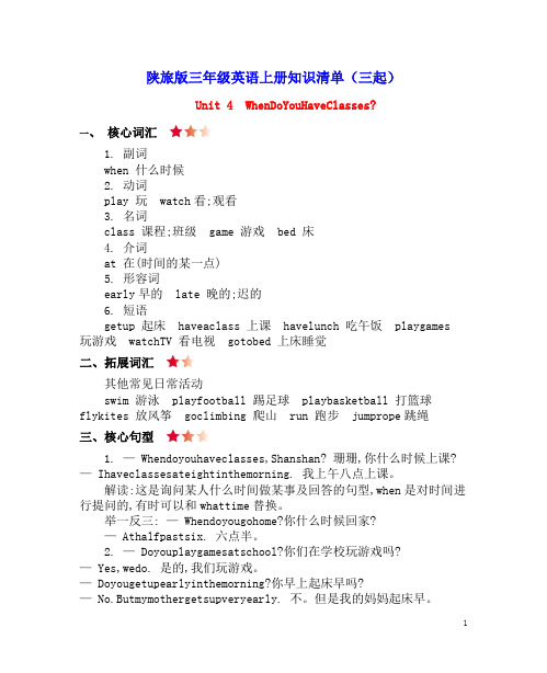 四年级英语上册Unit4WhenDoYouHaveClasses知识清单陕旅版(三起)
