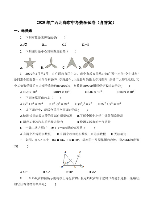 2020年广西北海等市中考数学试卷(含答案)