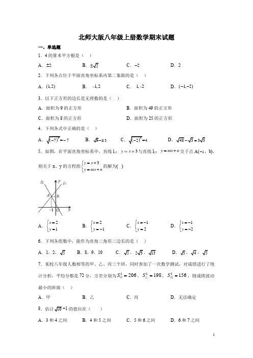 北师大版八年级上册数学期末试卷及答案