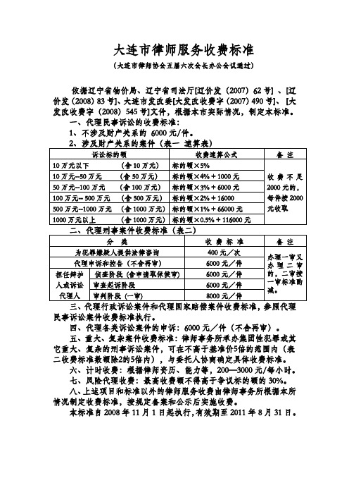 大连市律师服务收费标准及诉讼费标准