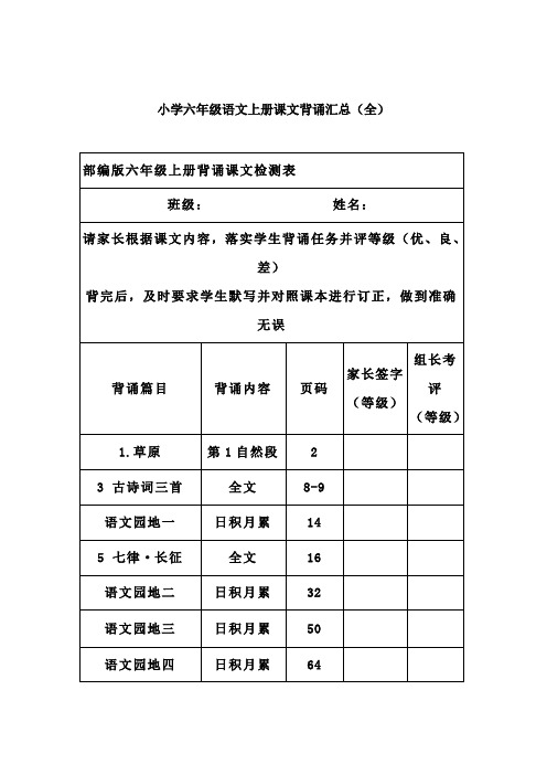 【免费】小学六年级语文上册课文背诵汇总(全)