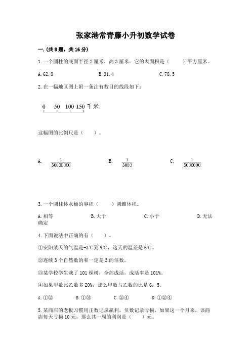 张家港常青藤小升初数学试卷附参考答案【培优a卷】