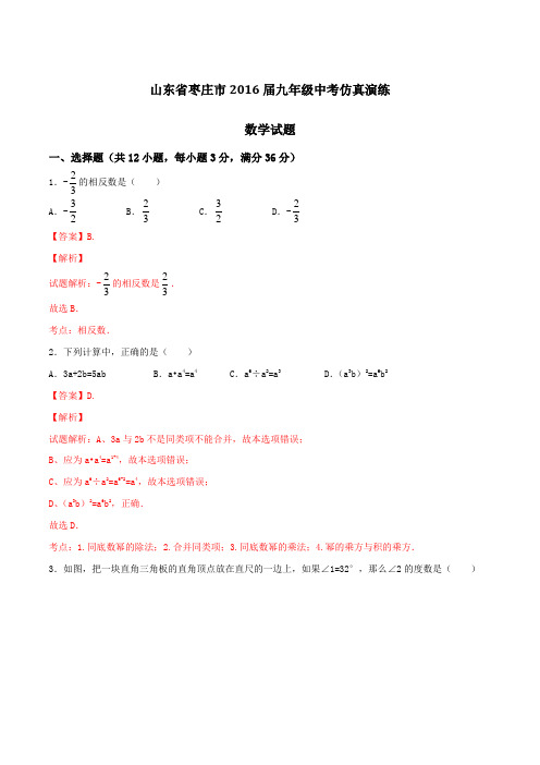 山东省枣庄市2016届九年级中考仿真演练数学试题解析(解析版)