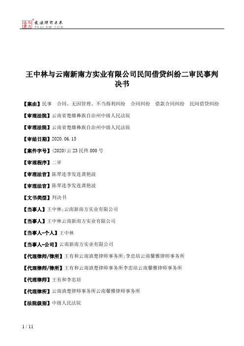 王中林与云南新南方实业有限公司民间借贷纠纷二审民事判决书