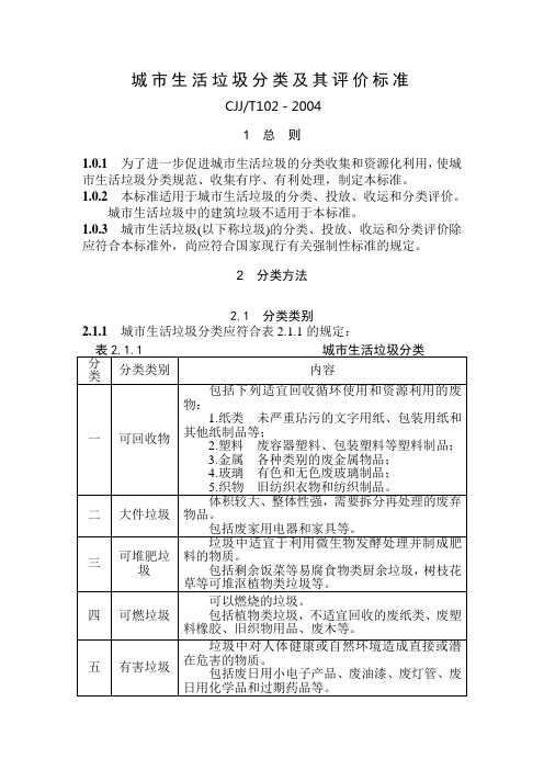 城市生活垃圾分类及其评价标准