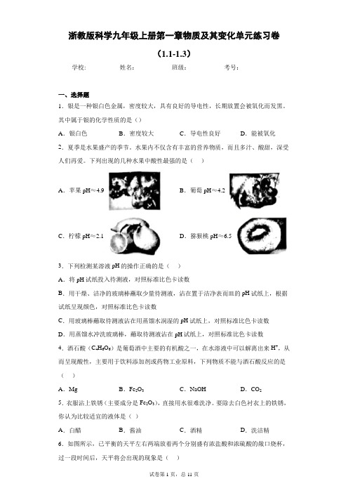 浙教版科学九年级上册第一章物质及其变化单元练习卷(1.1-1.3)