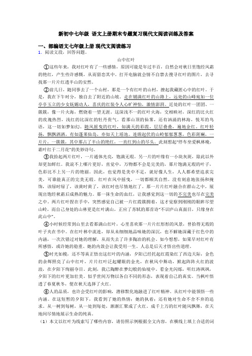 新初中七年级 语文上册期末专题复习现代文阅读训练及答案