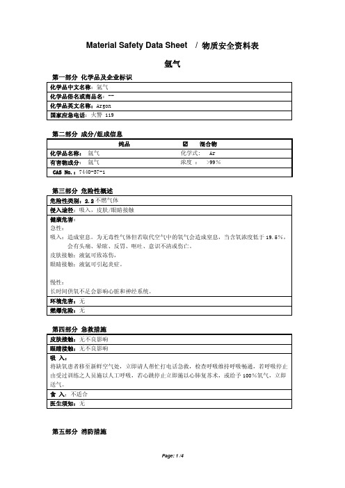 MSDS Ar(氩气)