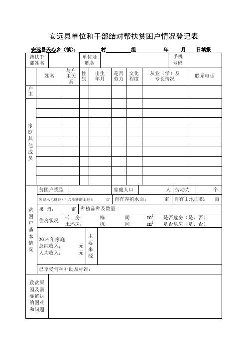 安远县单位和干部结对帮扶贫困户情况登记表