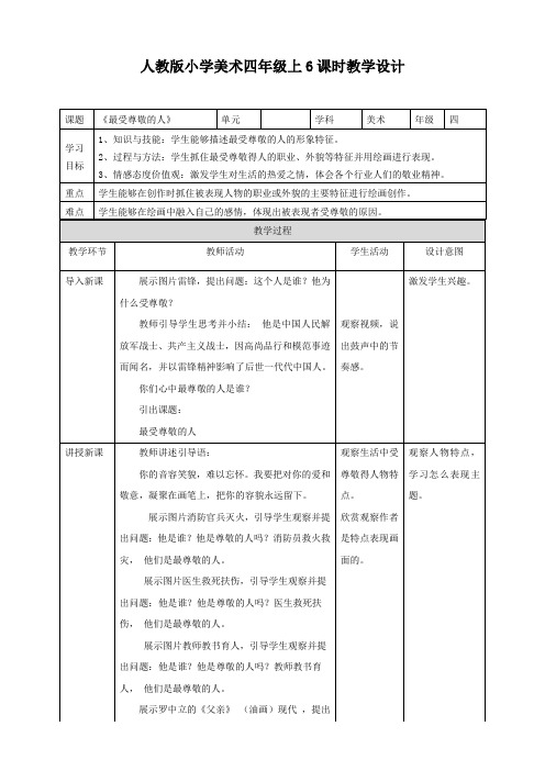 人教版小学美术四年级上册《6最受尊敬的人》教学设计