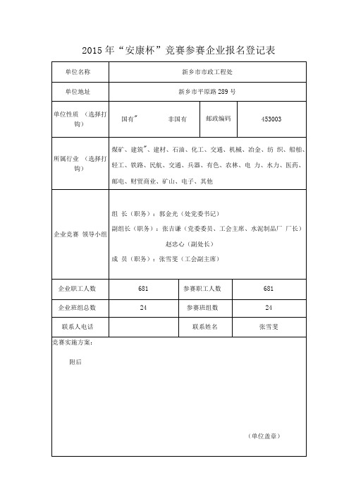 2015年度安康杯竞赛报名登记表