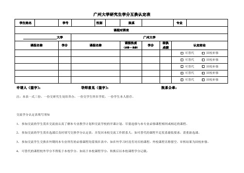 天津大学本科交流生学分互换认定表