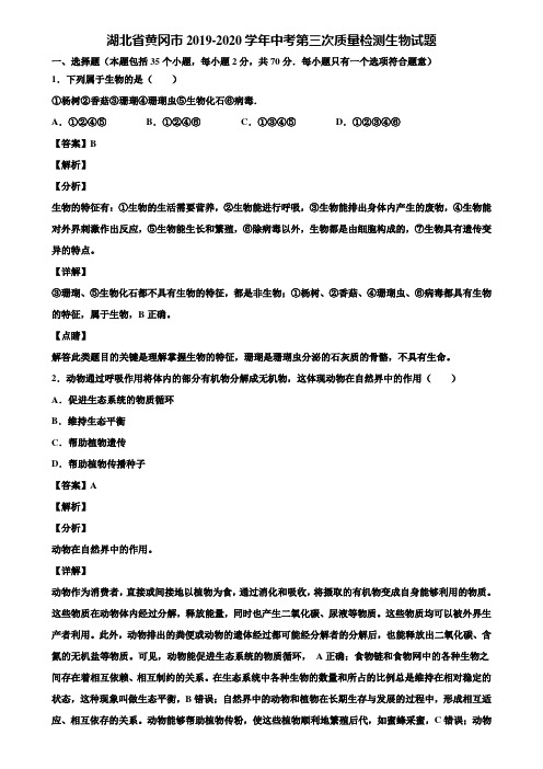 湖北省黄冈市2019-2020学年中考第三次质量检测生物试题含解析