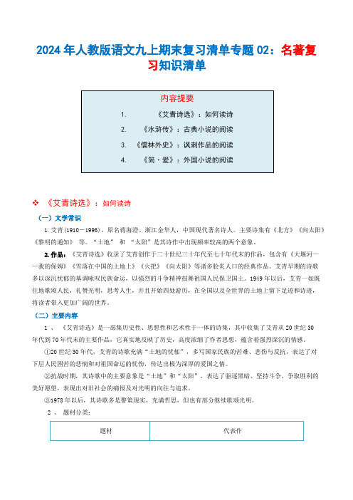 2024年人教版语文九上期末复习清单02 名著阅读：儒林外史、简爱、艾青诗选、水浒传