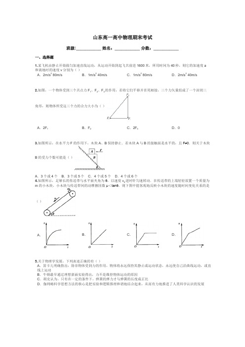 山东高一高中物理期末考试带答案解析
