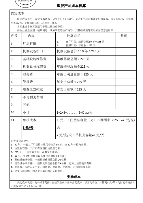 塑胶产品成本核算方法及公式