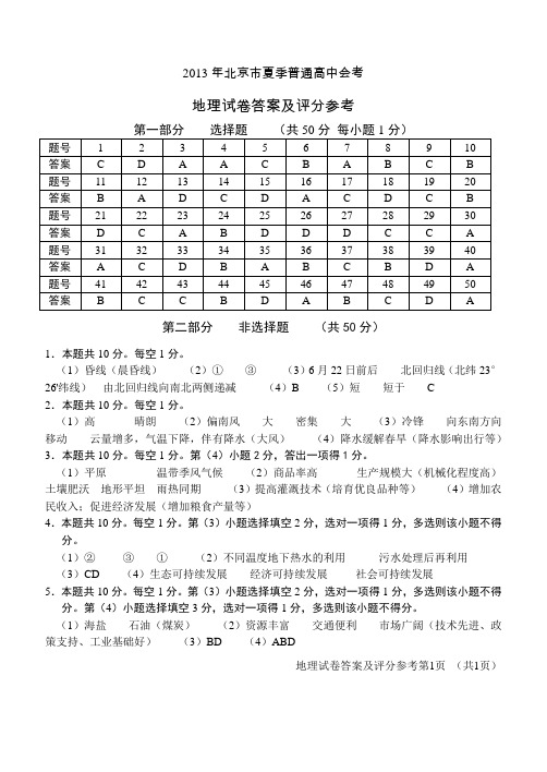 2013年北京市夏季普通高中会考地理参考答案(打印版)