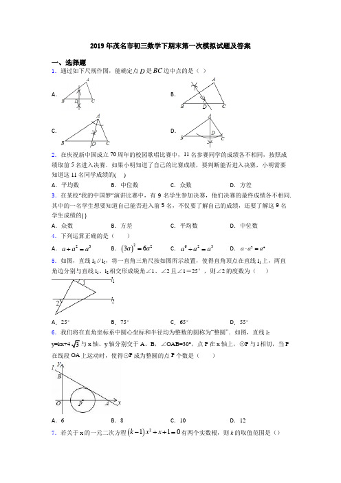 2019年茂名市初三数学下期末第一次模拟试题及答案