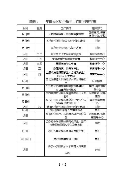 42019年白云区初中招生工作时间安排表