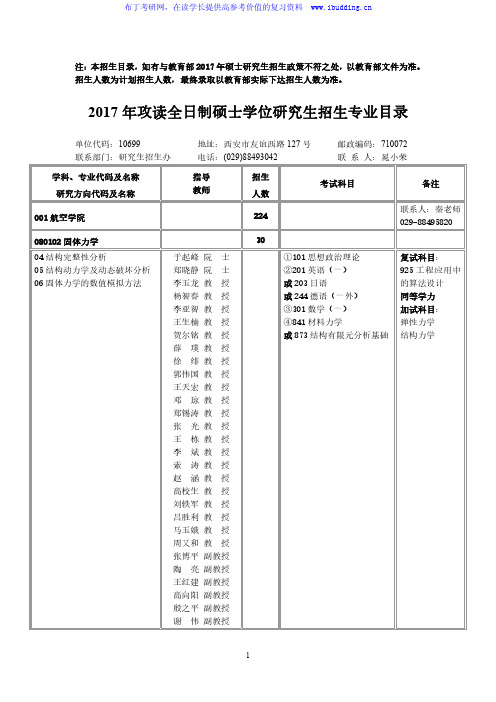 2017年西北工业大学攻读全日制硕士学位研究生招生专业目录