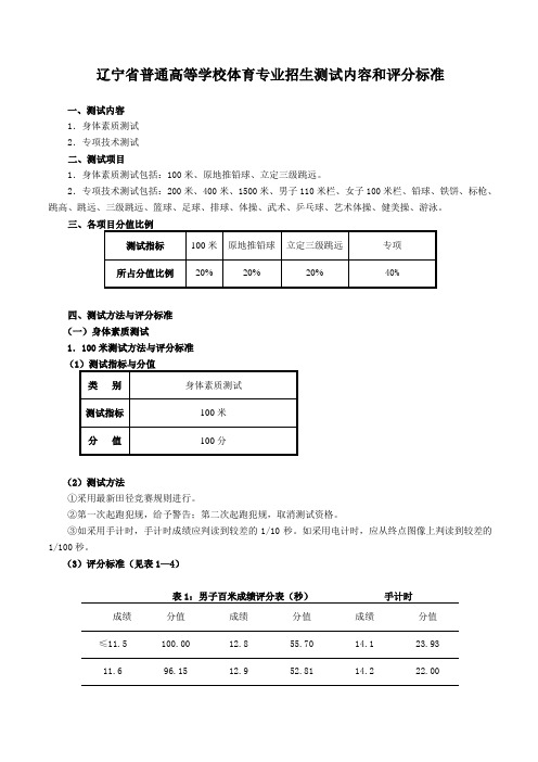 普通高等学校体育专业招生测试内容和评分标准