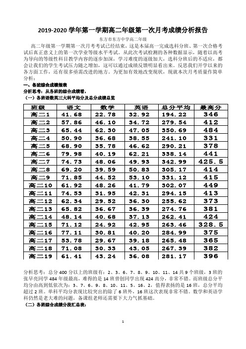 2019-2020学年第一学期高二年级第一次月考成绩分析报告