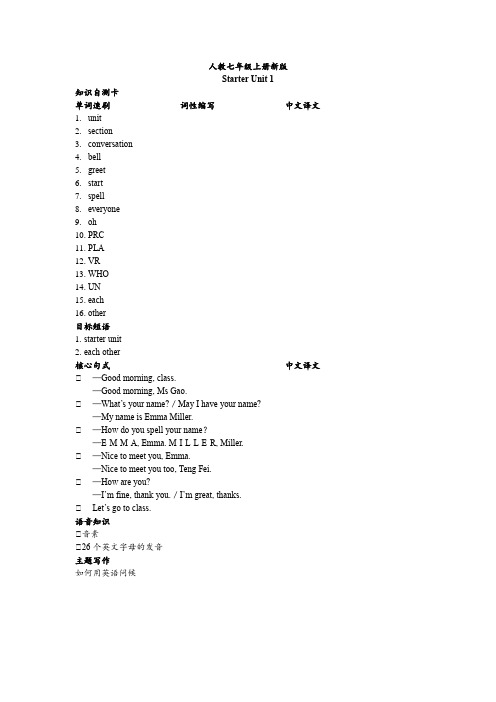 Starter+Unit++1+知识自测卡+2024-2025学年人教版英语七年级上册