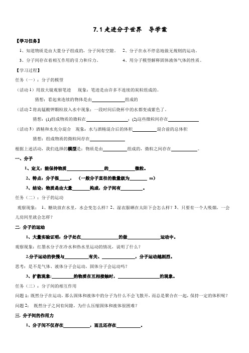 苏科版八年级物理下册第七章一、走进分子世界 导学案设计