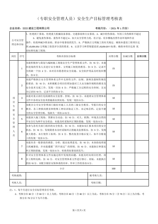 专职安全管理人员安全生产目标管理考核表