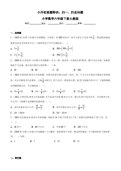 小升初真题特训：归一、归总问题-小学数学六年级下册人教版(有答案  有解析)