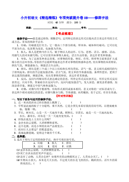 小升初语文《精选精练》专项突破提升卷08——修辞手法(含详细解答)