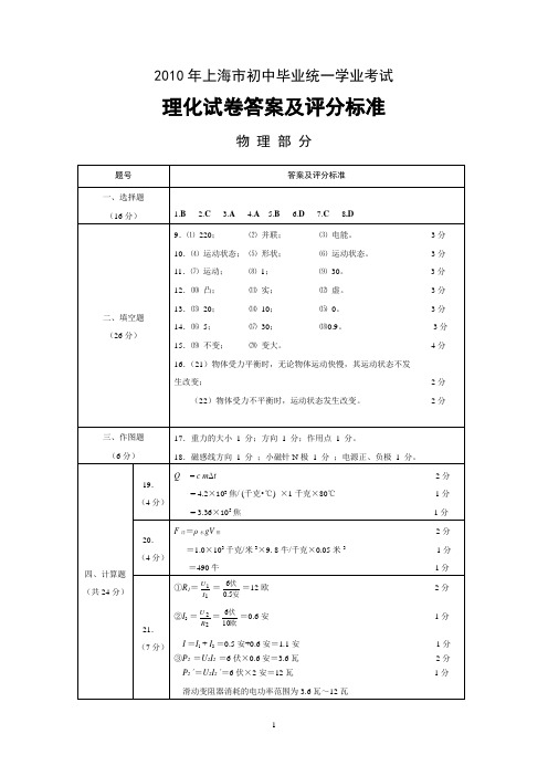 2010中考物理参考答案