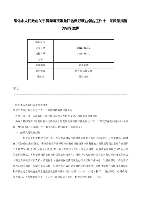 绥化市人民政府关于贯彻落实黑龙江省做好就业创业工作十二条政策措施的实施意见-