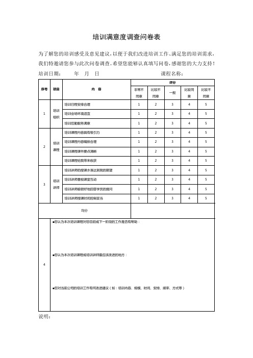 培训满意度调查问卷表(经典版)