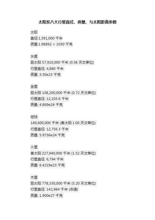 太阳系八大行星直径、质量、与太阳距离参数