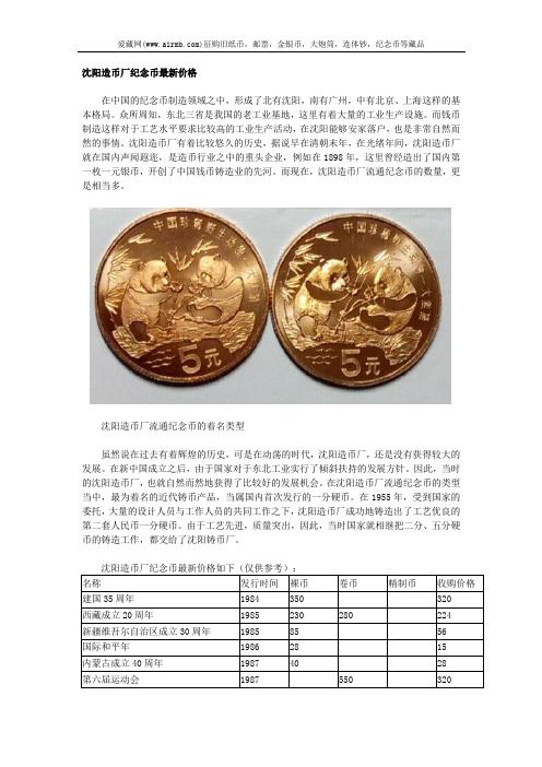 沈阳造币厂纪念币最新价格