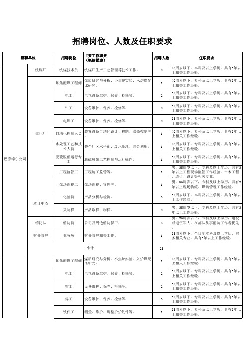 国家能源集团煤焦化招聘岗位、人数及任职要求