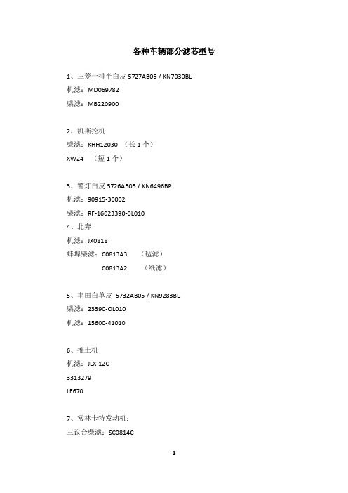 各种车辆保养滤芯型号