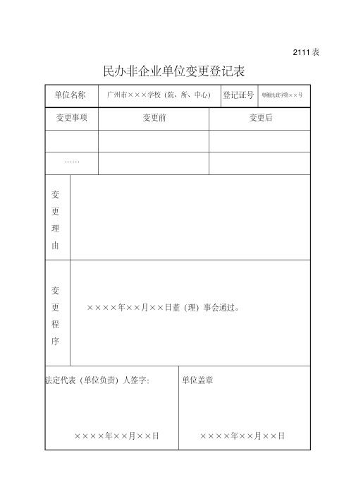 民办非企业单位变更登记表