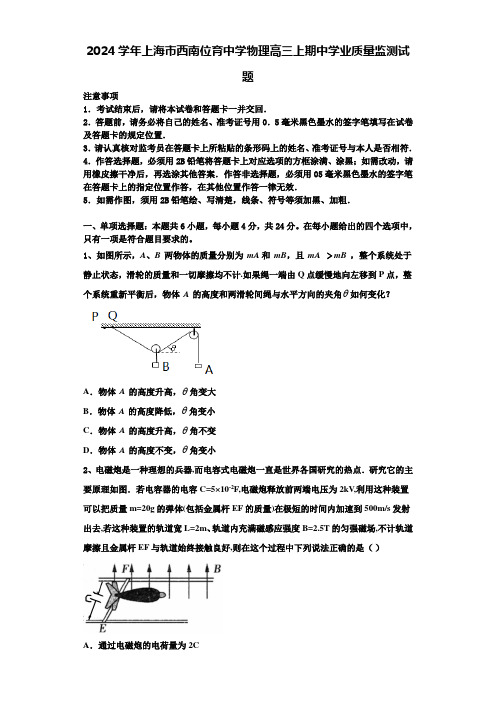 2024学年上海市西南位育中学物理高三上期中学业质量监测试题含解析