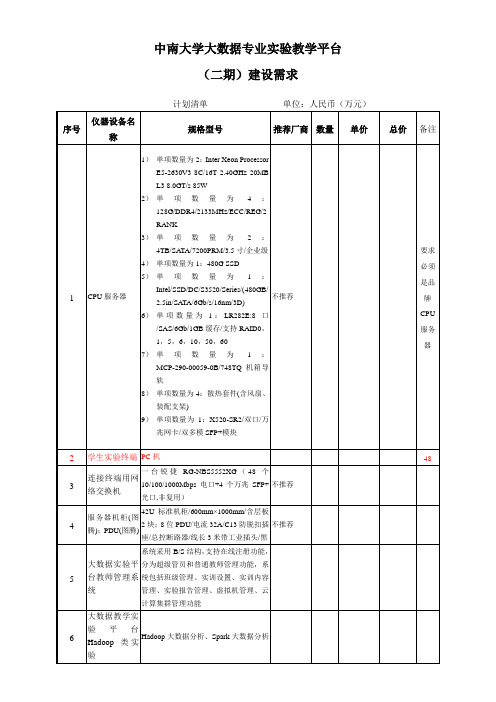 中南大学大数据专业实验教学平台建设需求