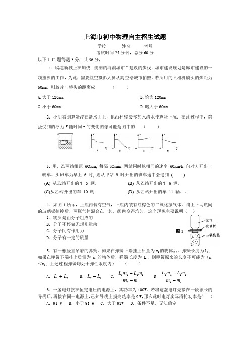 上海市初中物理自主招生试题及答案