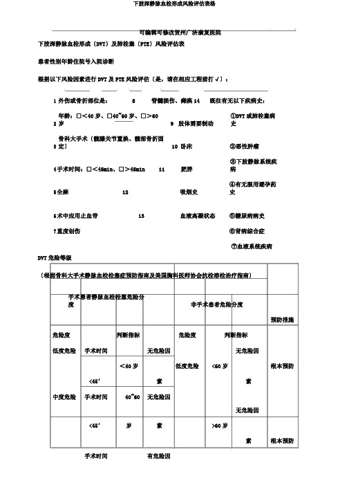 下肢深静脉血栓形成风险评估表格