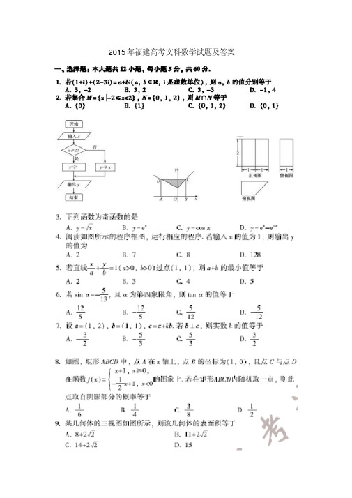 2015年福建高考文科数学试题及答案