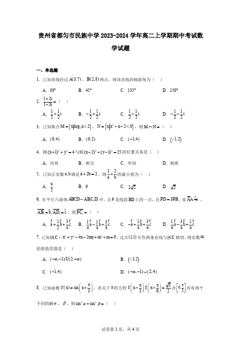 贵州省都匀市民族中学2023-2024学年高二上学期期中考试数学试题