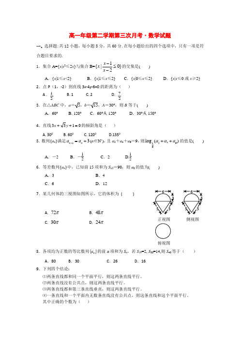 河北省正定中学高一数学下学期第三次月考试题新人教A版