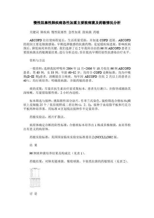 慢性阻塞性肺疾病急性加重主要致病菌及药敏情况分析