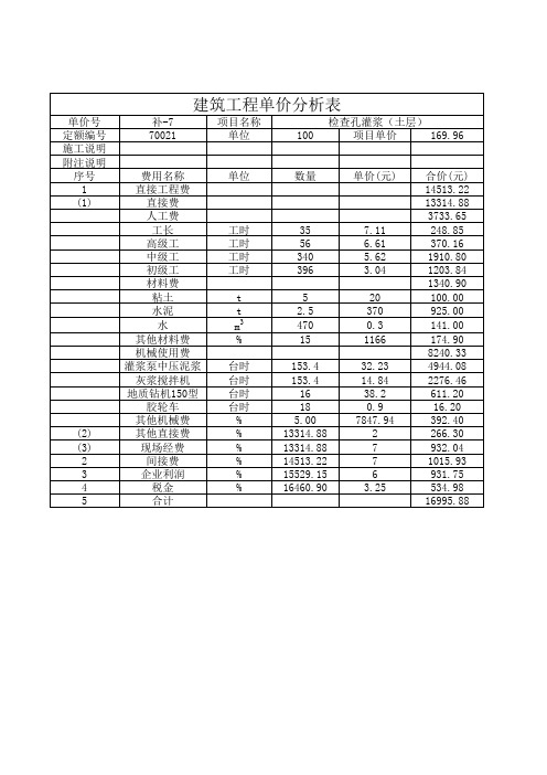 灌浆建筑工程单价分析表