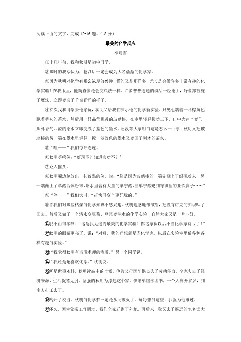 2020年中考语文记叙文阅读《最美的化学反应》练习及答案