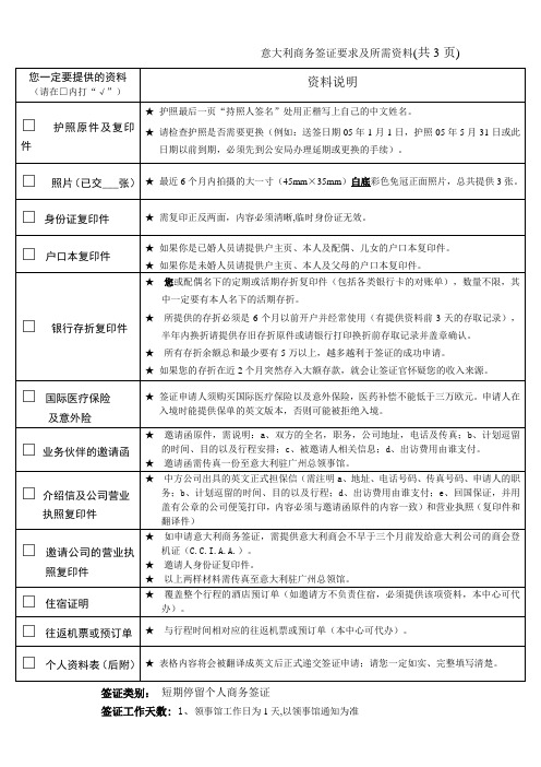 意大利商务签证要求及所需资料